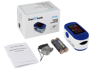 Lanyard, Batteries, User Manual, Silicon Cover, Accessories inside the Zacurate 500BL Pulse Oximeter box