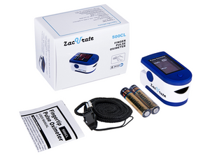 Lanyard, Batteries, User Manual, Silicon Cover, Accessories inside the Zacurate 500CL Pulse Oximeter box