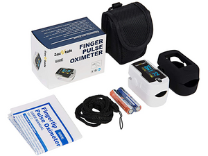 Lanyard, Batteries, User Manual, Accessories inside the Zacurate 500E White Pulse Oximeter box