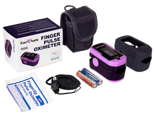 Lanyard, Batteries, User Manual, Accessories inside the Zacurate 500E Purple Pulse Oximeter box