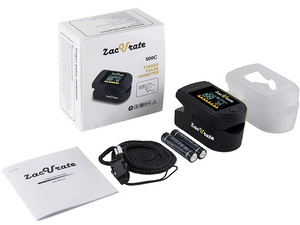 Lanyard, Batteries, User Manual, Silicon Cover, Accessories inside the Zacurate 500C Elite Black Pulse Oximeter box