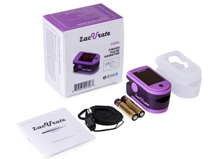 Lanyard, Batteries, User Manual, Silicon Cover, Accessories inside the Zacurate 500DL Purple Pulse Oximeter box