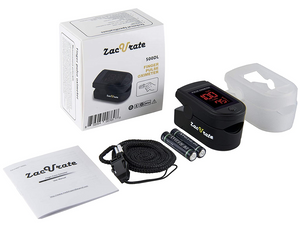 Lanyard, Batteries, User Manual, Silicon Cover, Accessories inside the Zacurate 500DL Black Pulse Oximeter box